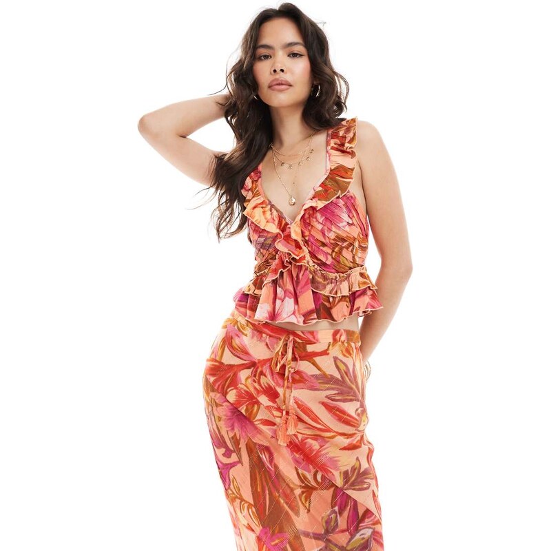 River Island frill floral strappy top co-ord in orange-Pink 107714461