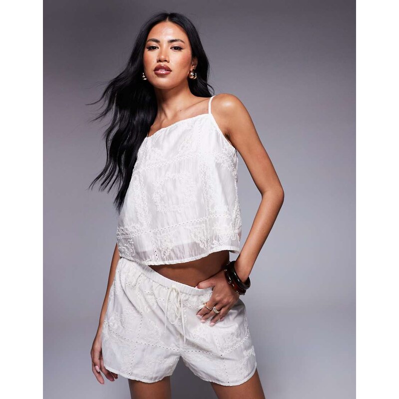 River Island broderie patterned cami top co-ord in cream-White