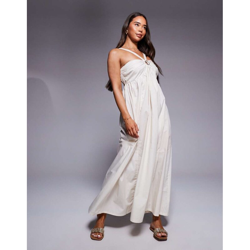River Island poplin halterneck midi dress in stone-Neutral 115528941