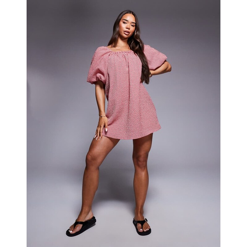 River Island gingham puff sleeve mini dress in red