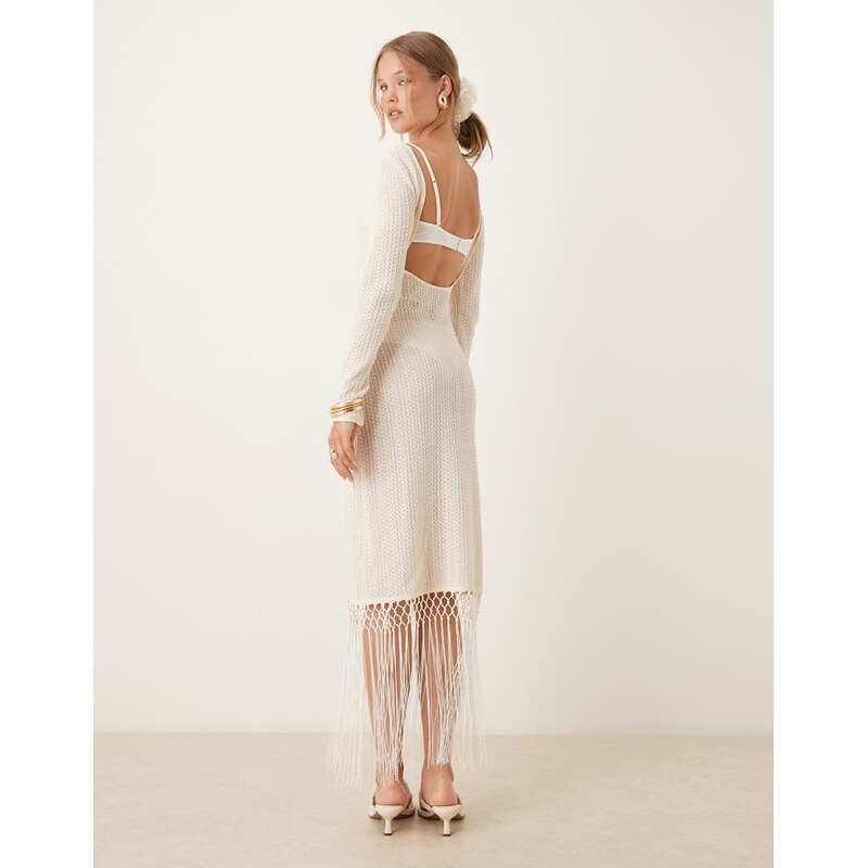 Amy Lynn backless crochet midi dress with fringe trim in cream-White 107025341