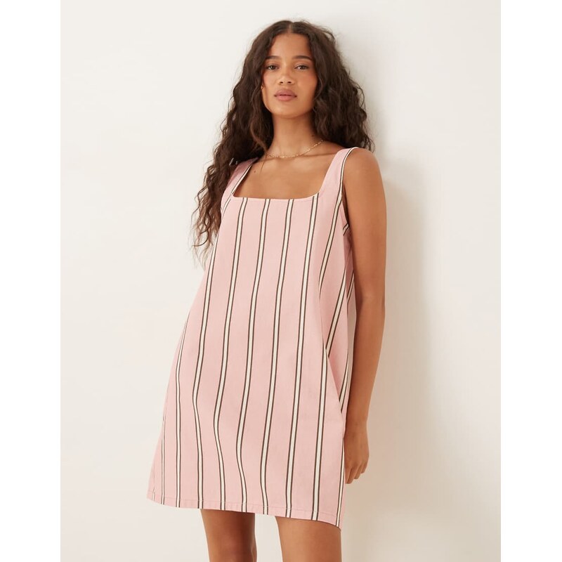 ASOS DESIGN square neck denim mini dress in stripe-Pink