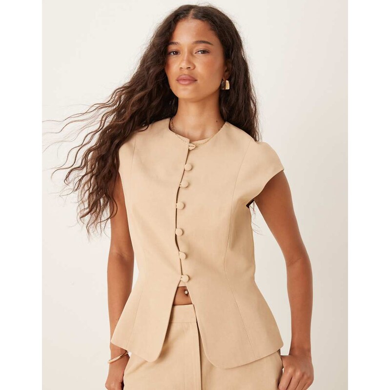 ASOS DESIGN linen blend cap sleeve waistcoat in neutral