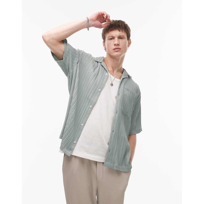 Topman short sleeve textured plisse shirt in sage-Green