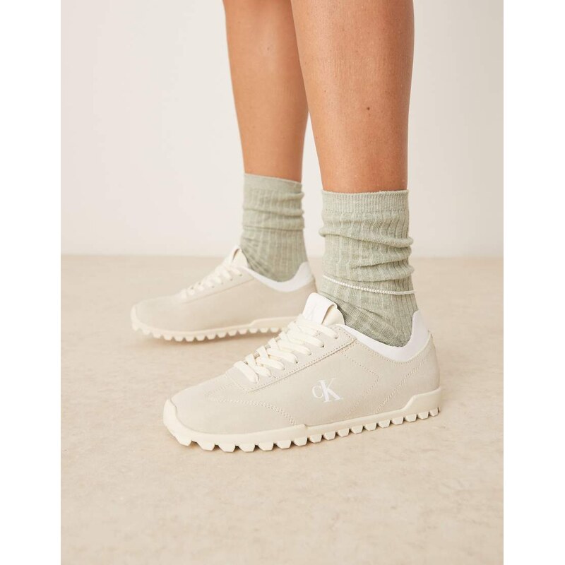 Calvin Klein suede low profile runner trainers in beige-Neutral
