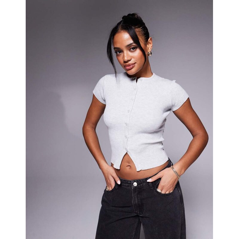 Princess Polly fine rib button through top in light grey 115678546