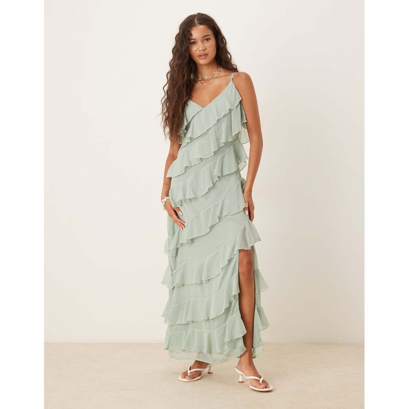 Vila asymmetric frill maxi dress with side split in sage green