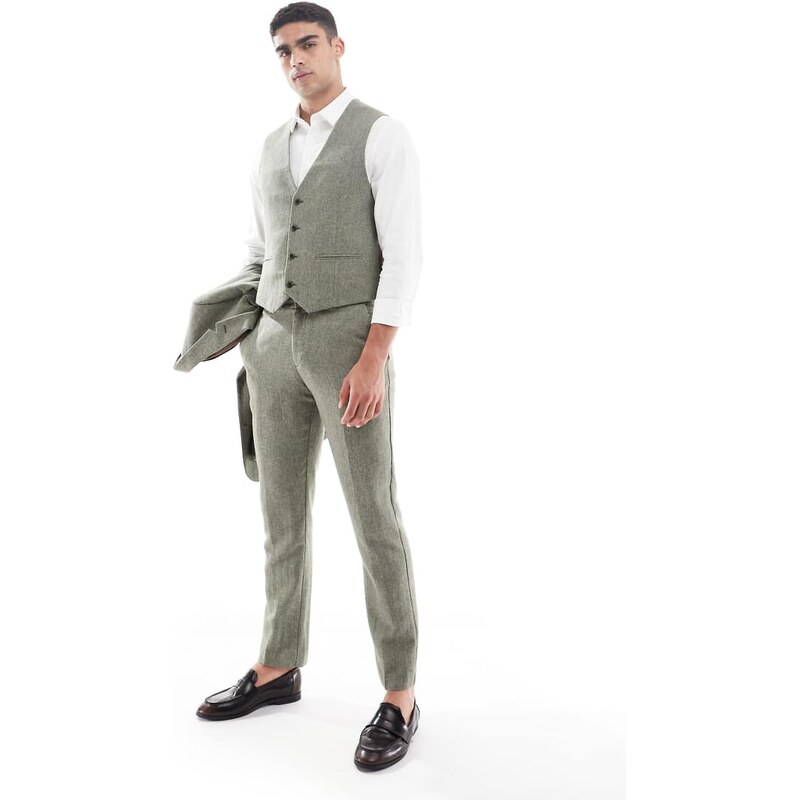 ASOS DESIGN wool rich slim suit waistcoat in green herringbone