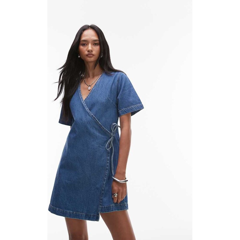 Topshop denim wrap mini dress in bleach-Blue