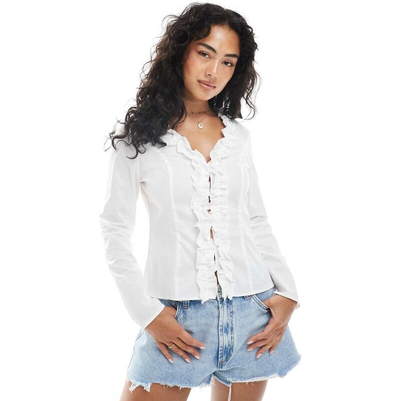 Miss Selfridge poplin fitted shirt with ruffle detail-White