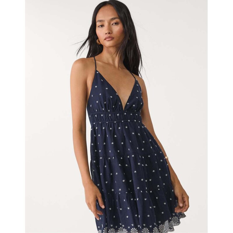 Stradivarius short embroidered dress in navy blue 107034966