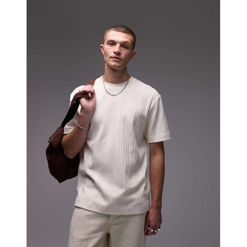 Topman relaxed fit pointelle knit t-shirt in ecru-White
