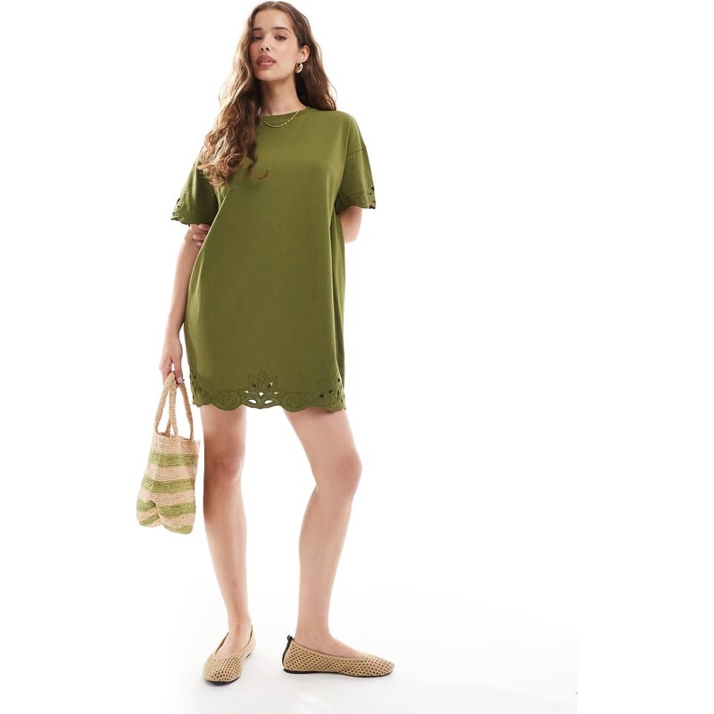 Miss Selfridge cutwork hem t-shirt dress in olive-Black
