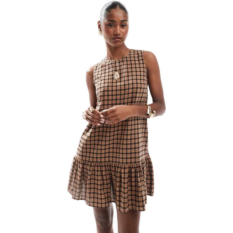 ONLY sleeveless drop hem mini dress in brown and black check