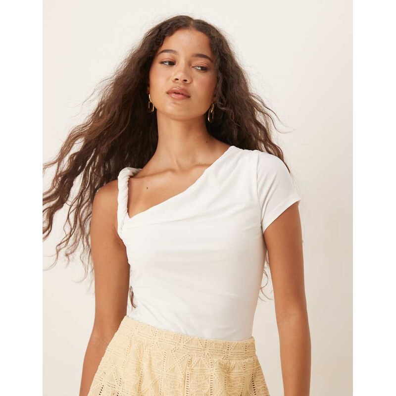 ASOS DESIGN draped twist shoulder cut out short sleeve bodysuit in cream-White