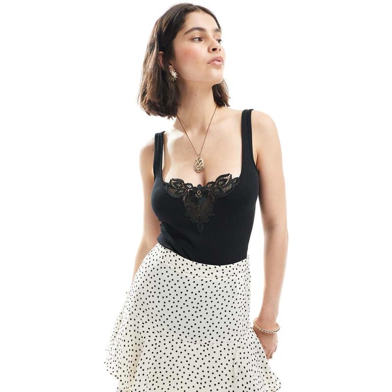 Miss Selfridge lace insert bodysuit in black 107039228