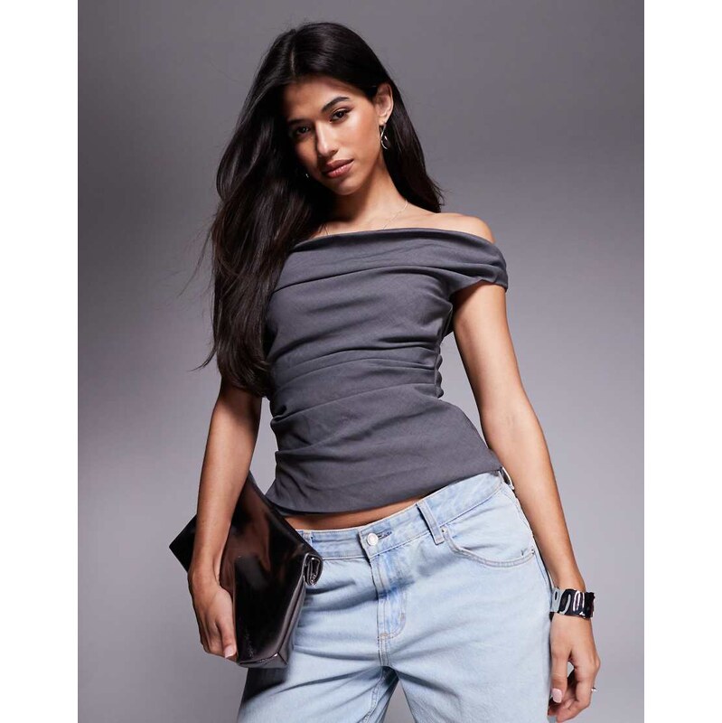Princess Polly ruched drape detail bardot top in charcoal-Grey