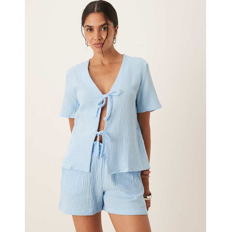 JDY short sleeve tie front cheesecloth shirt co-ord in powder