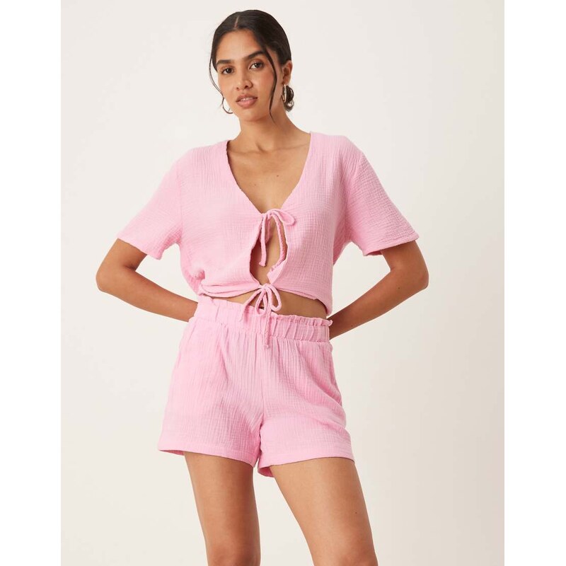 JDY cheesecloth shorts co-ord in pink 115512165