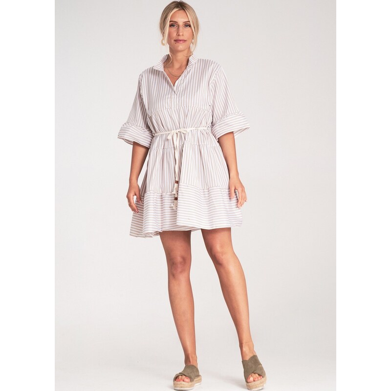 FIGL Béžovo-bílé pruhované mini šaty se stojáčkem M1223 Beige
