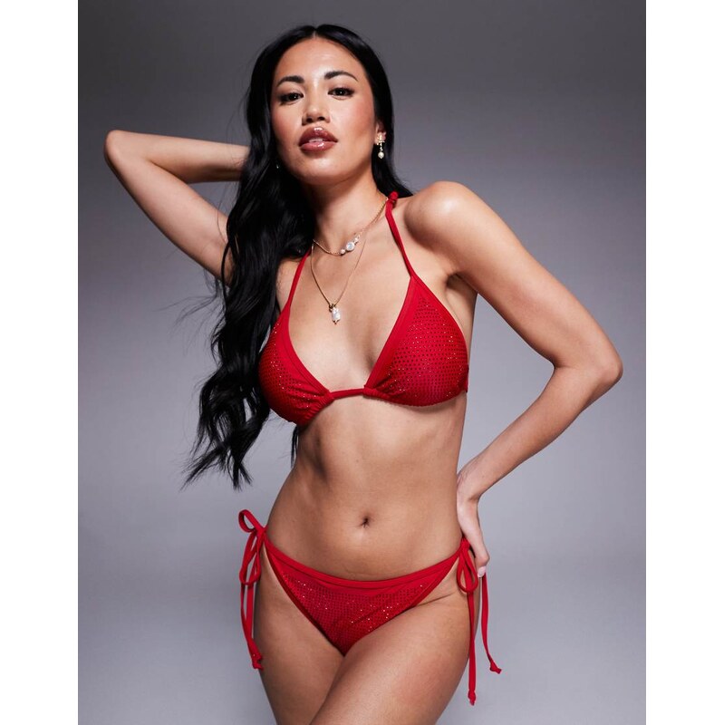The Frolic exclusive hot fix triangle bikini top co-ord in red 115510721
