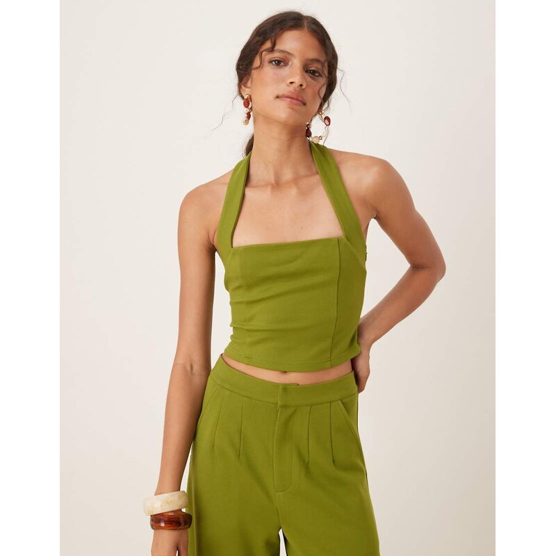 ASOS DESIGN Premium ponte halter neck top in olive green