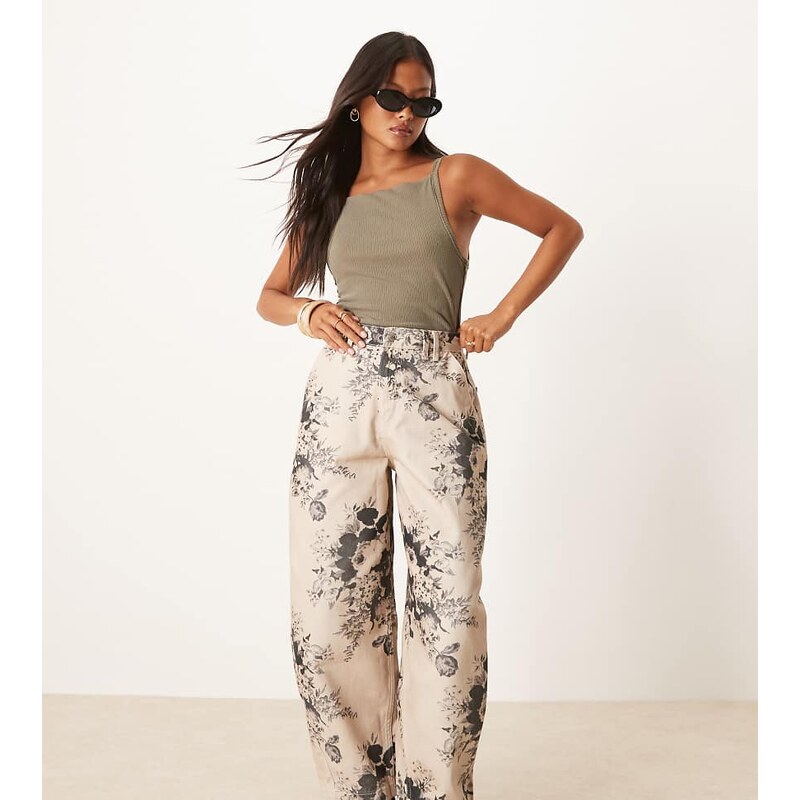 ASOS Petite ASOS DESIGN Petite barrel leg trousers in taupe floral 112576341
