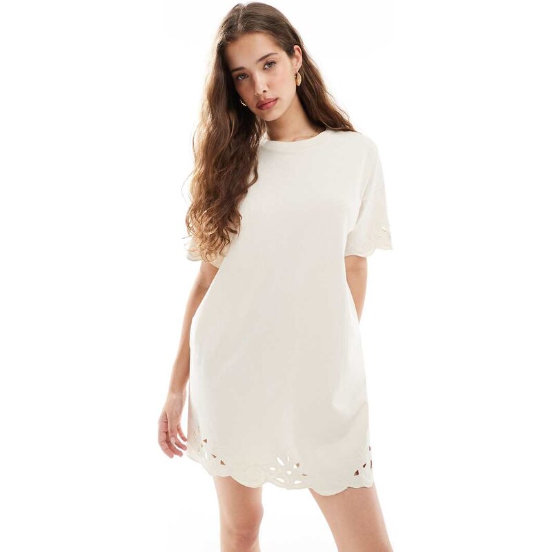 Miss Selfridge cutwork hem t-shirt dress in ecru-White 107044159