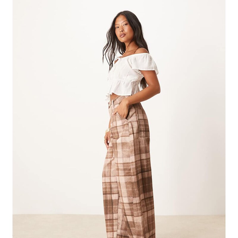 ASOS Petite ASOS DESIGN Petite laundered barrel trousers in check 115512236