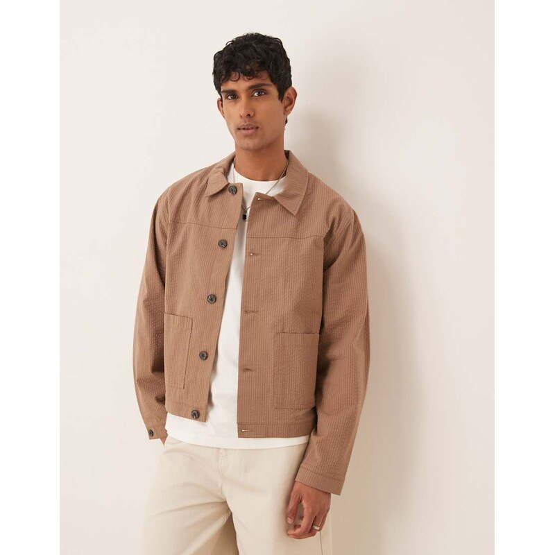 ASOS DESIGN smart co-ord harrington jacket in brown seersucker