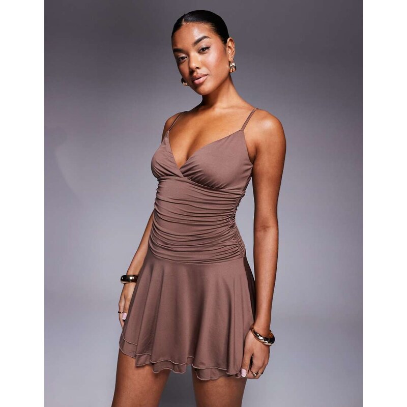 Princess Polly cami ruched waist ruffle skirt mini dress in chocolate 107119092