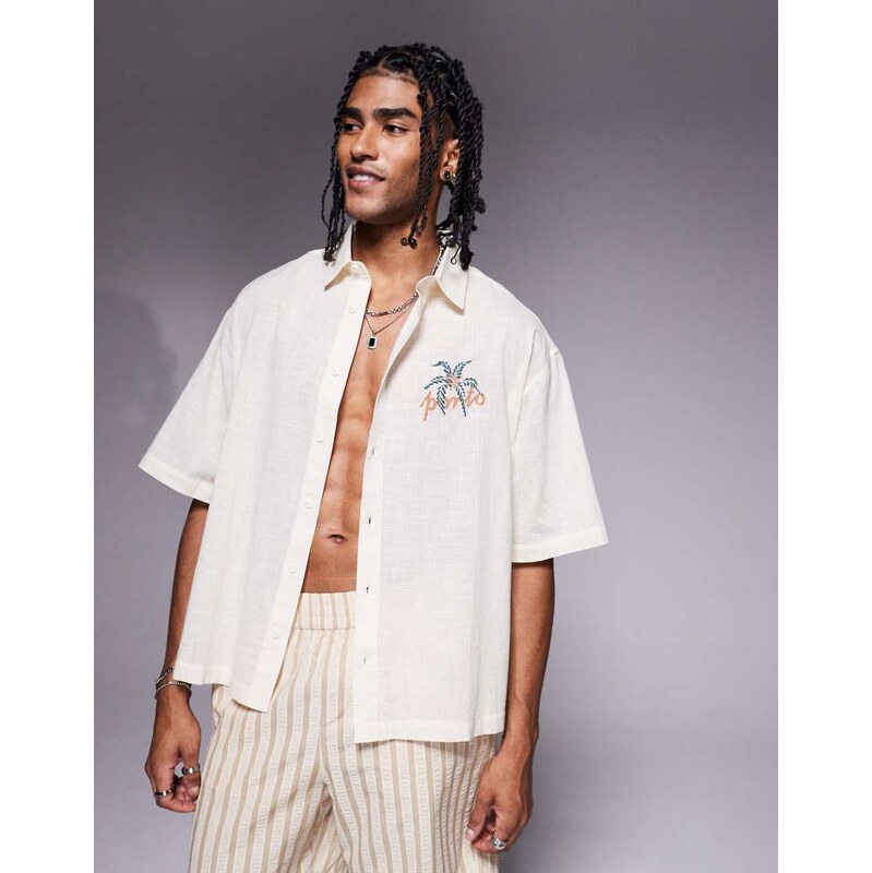 ASOS DESIGN boxy oversized revere shirt with chest print in stone-Neutral