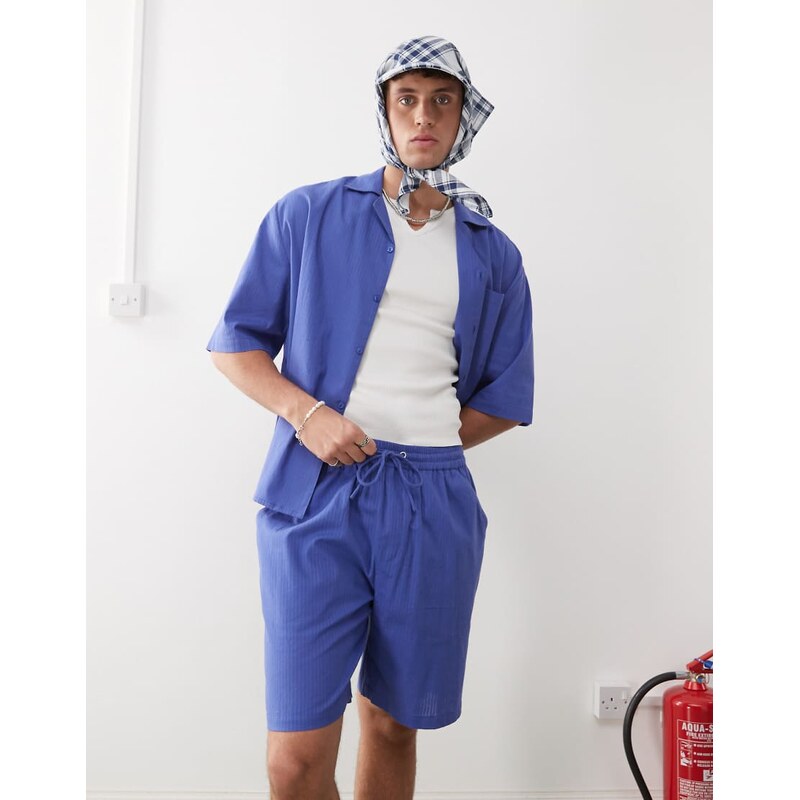 COLLUSION textured woven short in blue stripe-Grey