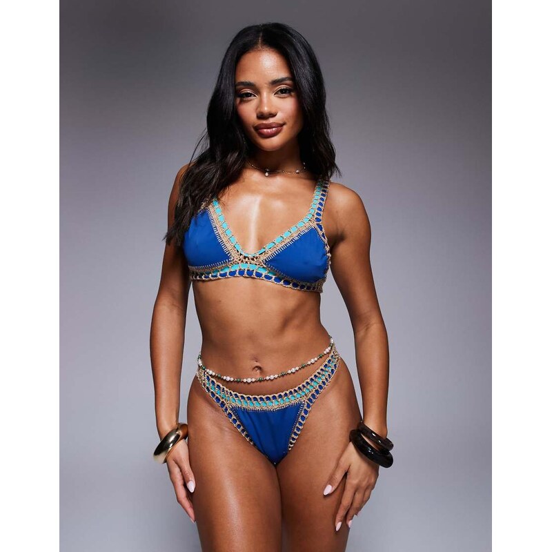 Moda Minx crochet trim bikini bottom in deep blue 107119168