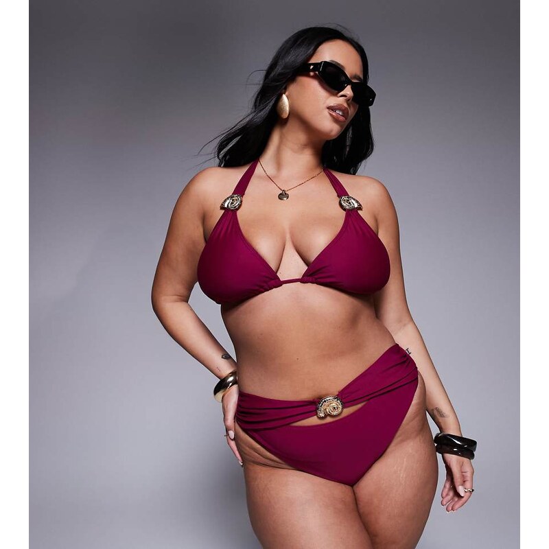 Moda Minx Curve bikini bottom with gold hardware detail in berry-Red 107119178