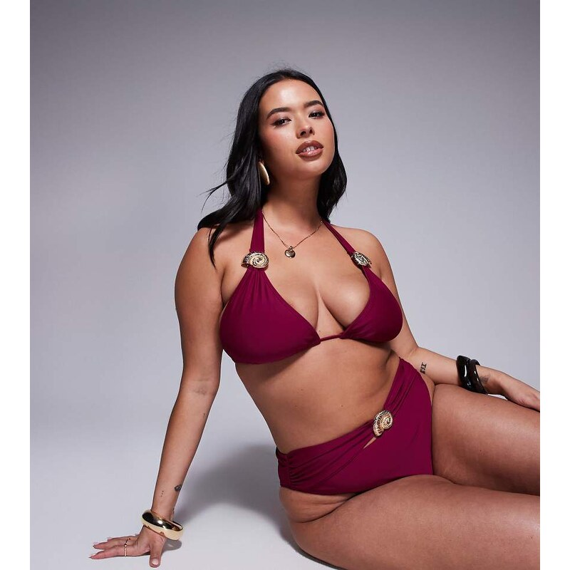 Moda Minx Curve triangle bikini top with gold hardware detail in berry 107119179