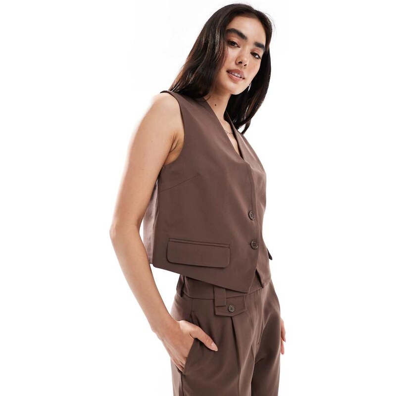Pieces tailored waistcoat co-ord in chocolate brown