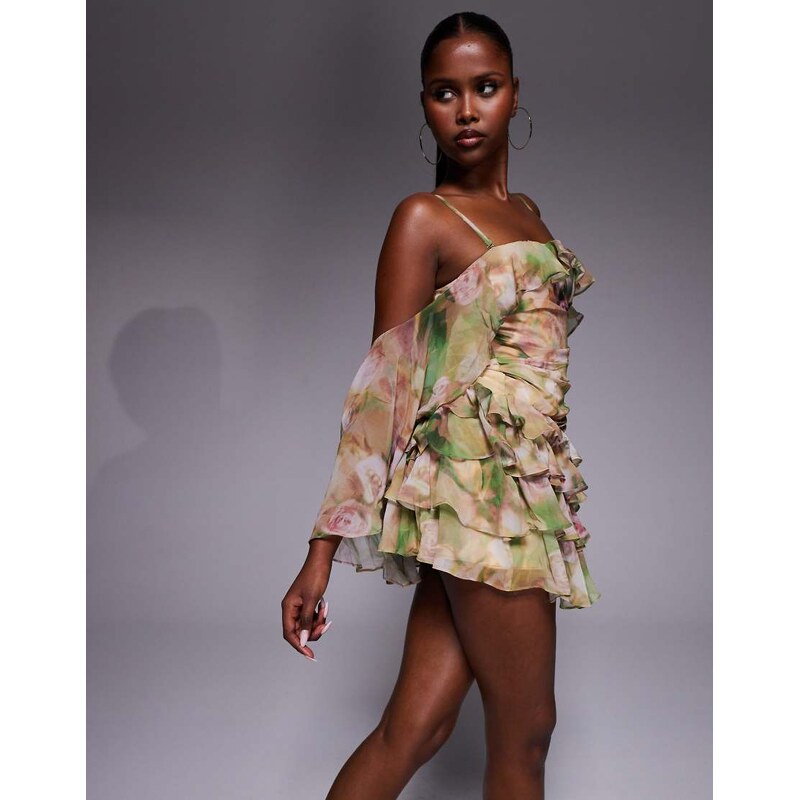 Oh Polly drape ruffle mini dress in floral print-Multi 107119266