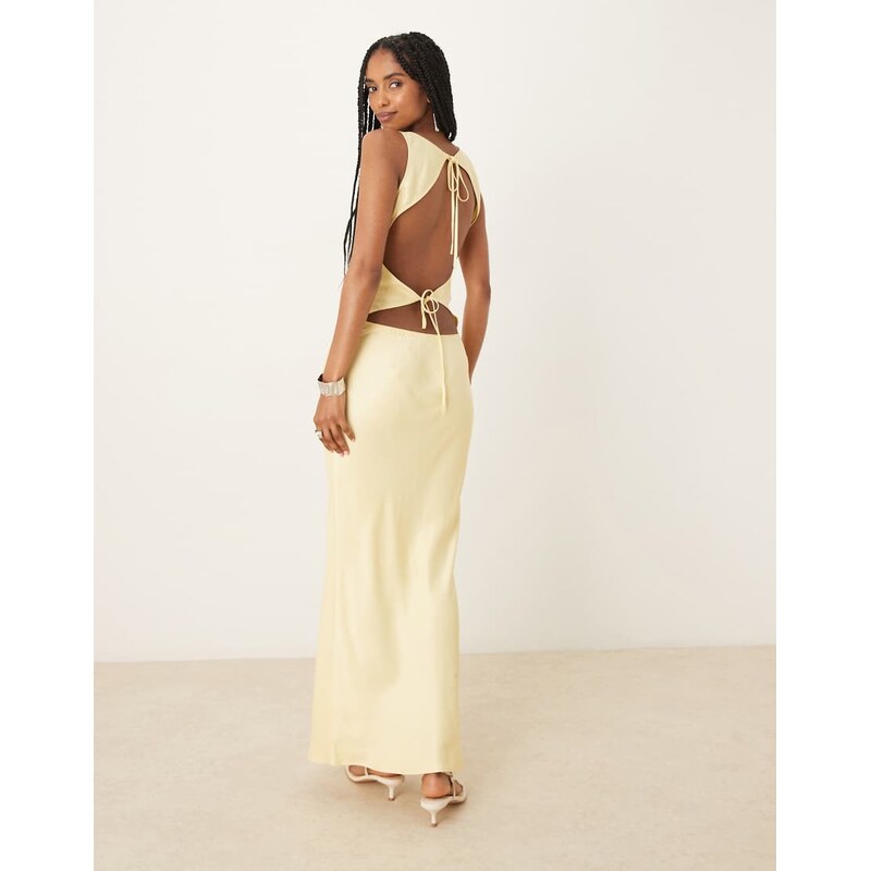 ASOS DESIGN satin tie back slash neck dress in buttermilk-Yellow