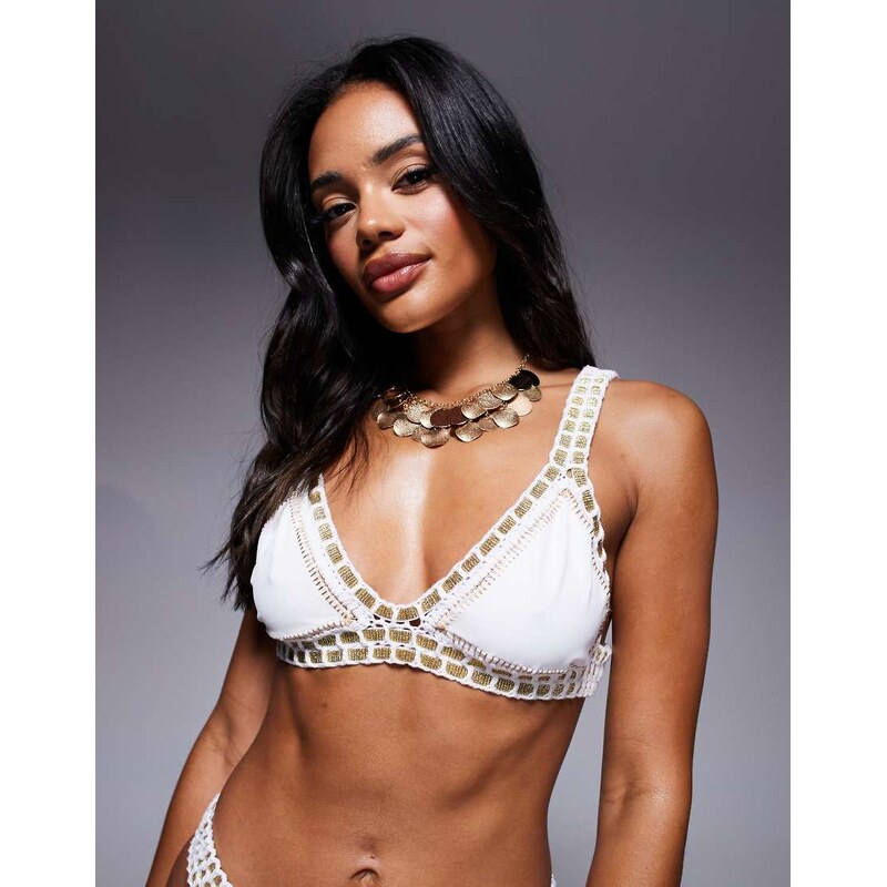 Moda Minx crochet trim bikini top in white and gold 107127789