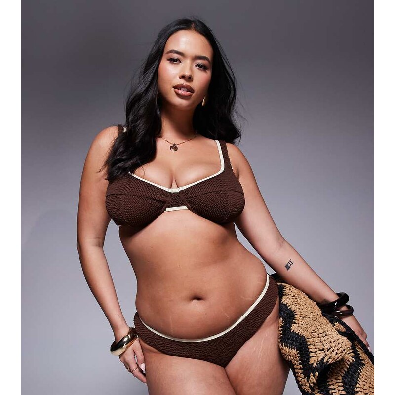 Moda Minx Curve bum scrunch bikini bottoms in brown with contrast 107127623