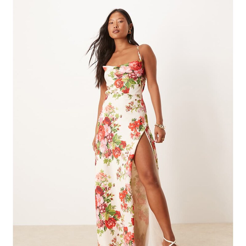 Hope & Ivy Petite cowl neck cross back maxi dress with thigh split in 107120451