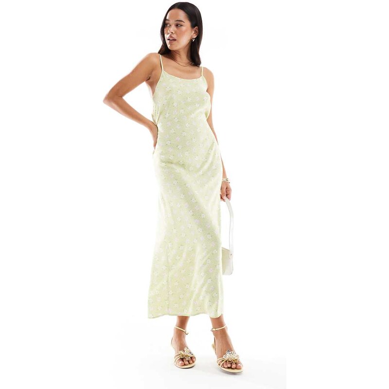 Miss Selfridge strappy scoop neck maxi slip dress in green ditsy 107703805