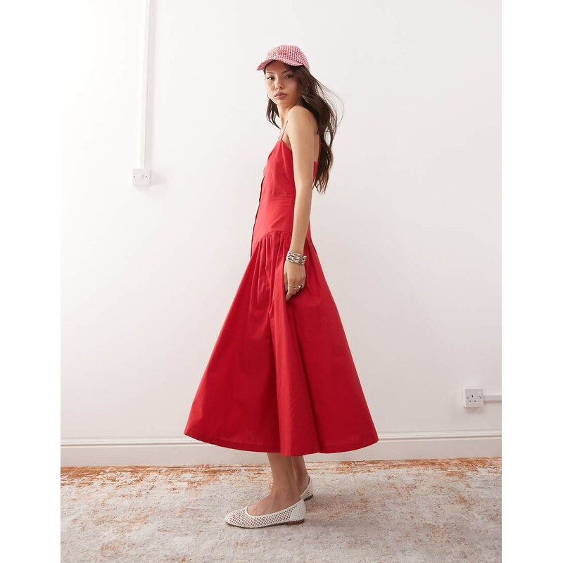 Reclaimed Vintage midi dress with drop waist detail in red 115740585