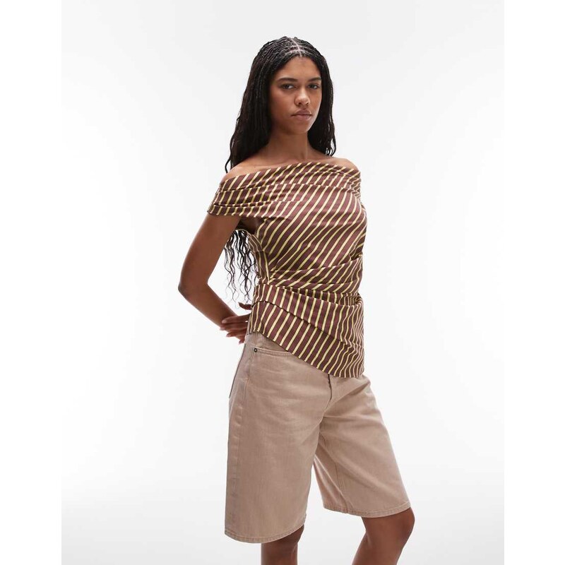 Topshop drape tucked top in lime and chocolate stripe-Multi 107120551