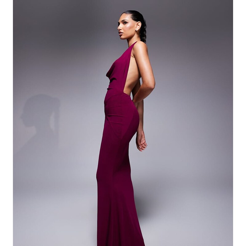 Murci exclusive mesh halterneck open back cowl neck maxi dress in plum 107133536