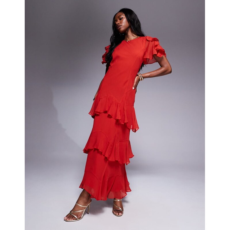 ASOS DESIGN ruffle chiffon maxi dress in dusky red-Multi