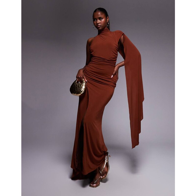 TFNC one shoulder maxi dress with cape back in coffee brown 107120590