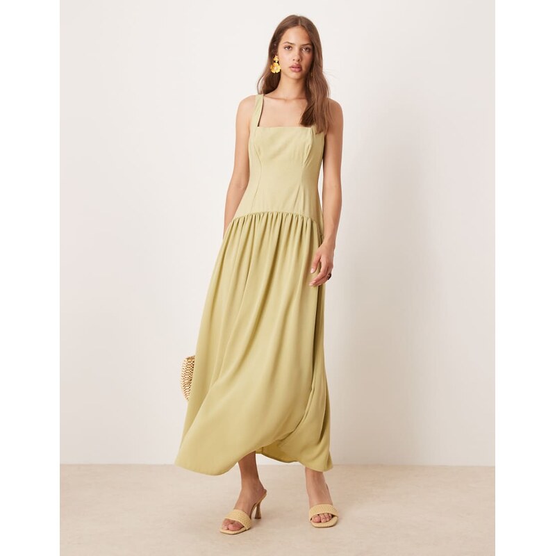 ASOS DESIGN square neck dropped waist midi dress in olive-Green