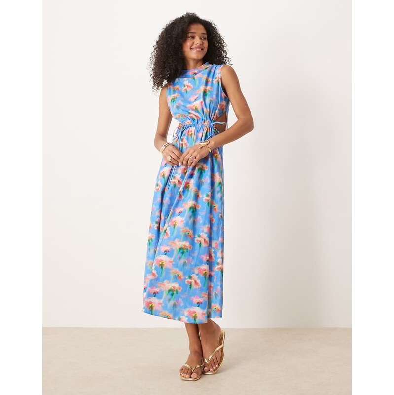 ASOS DESIGN ruched tie front maxi dress in print-Multi